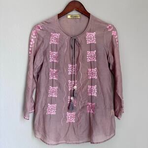 Persaman New York Boho Embroidered Tunic Top Light Brown Cotton Silk Peasant Y2K